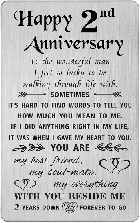 2nd Anniversary Engraved Metal Wallet Insert for Husband / Boyfriend